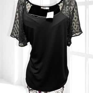 Black T-Shirt Blouse with Sheer Polka Dot Sleeves